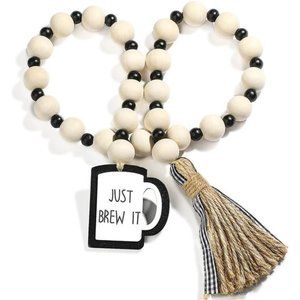 Coffee Bar Tiered Tray Decor Coffee Wood Bead Garland with Tassel Rustic Decor